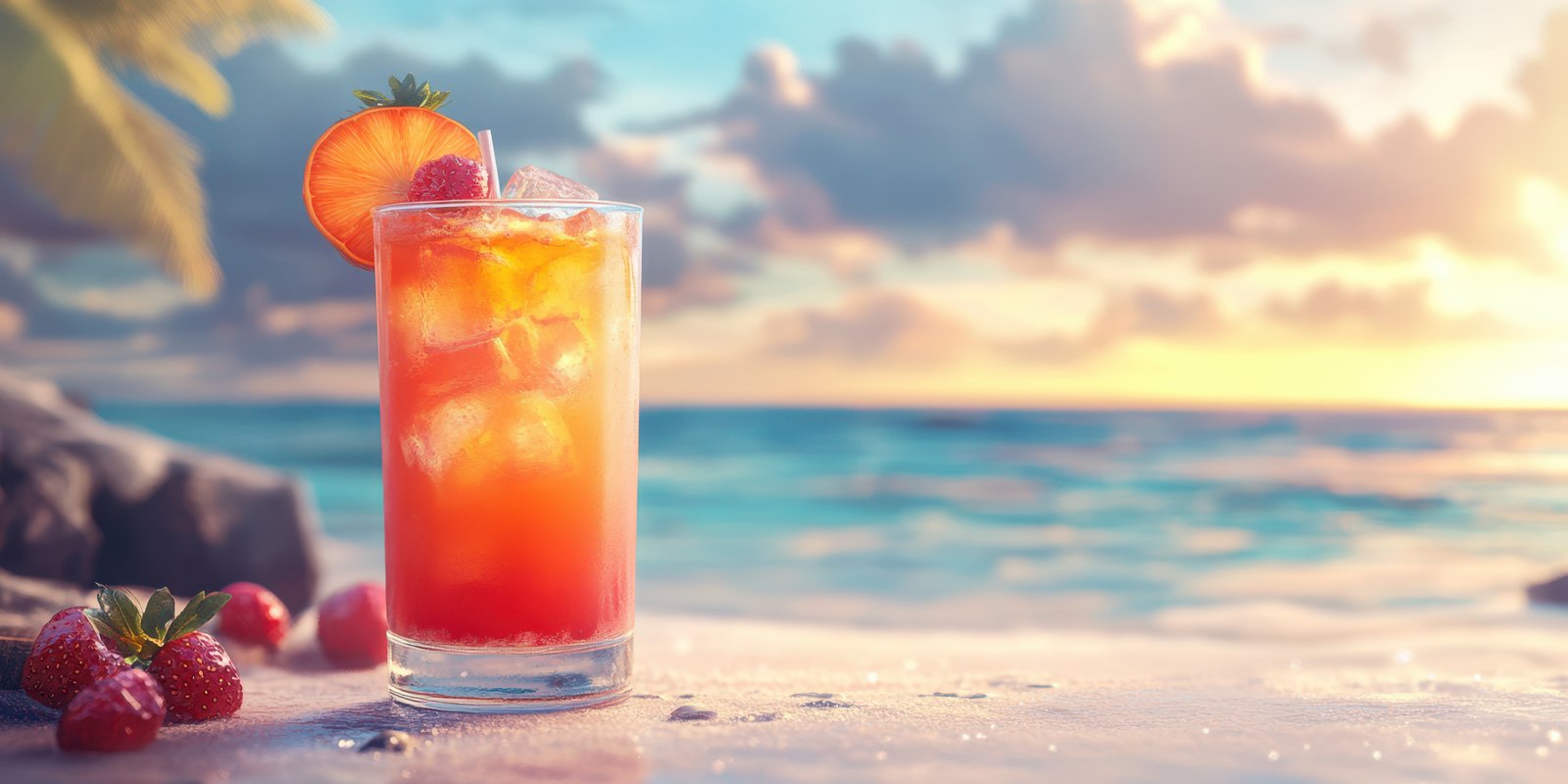 Refreshing fruit cocktail served on a sandy beach during sunset with beautiful ocean backdrop